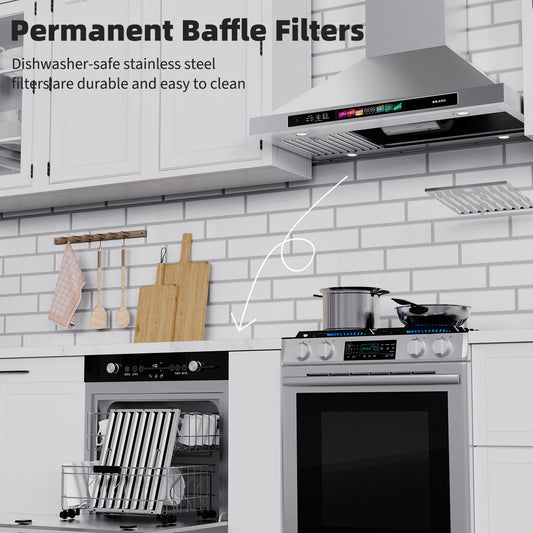 Brano 30 Inch Stainless Steel Wall Mount Range Hood, 900 CFM, Convertible with LED Lights and Charcoal Filter