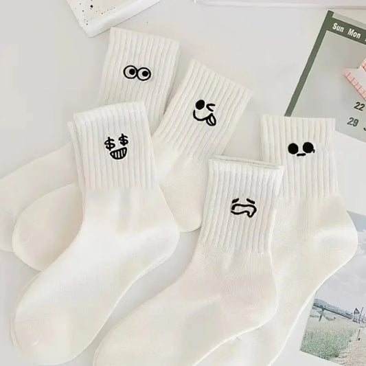 10 pairs of soft, breathable, durable and simple white expression socks, comfortable and suitable for daily wear