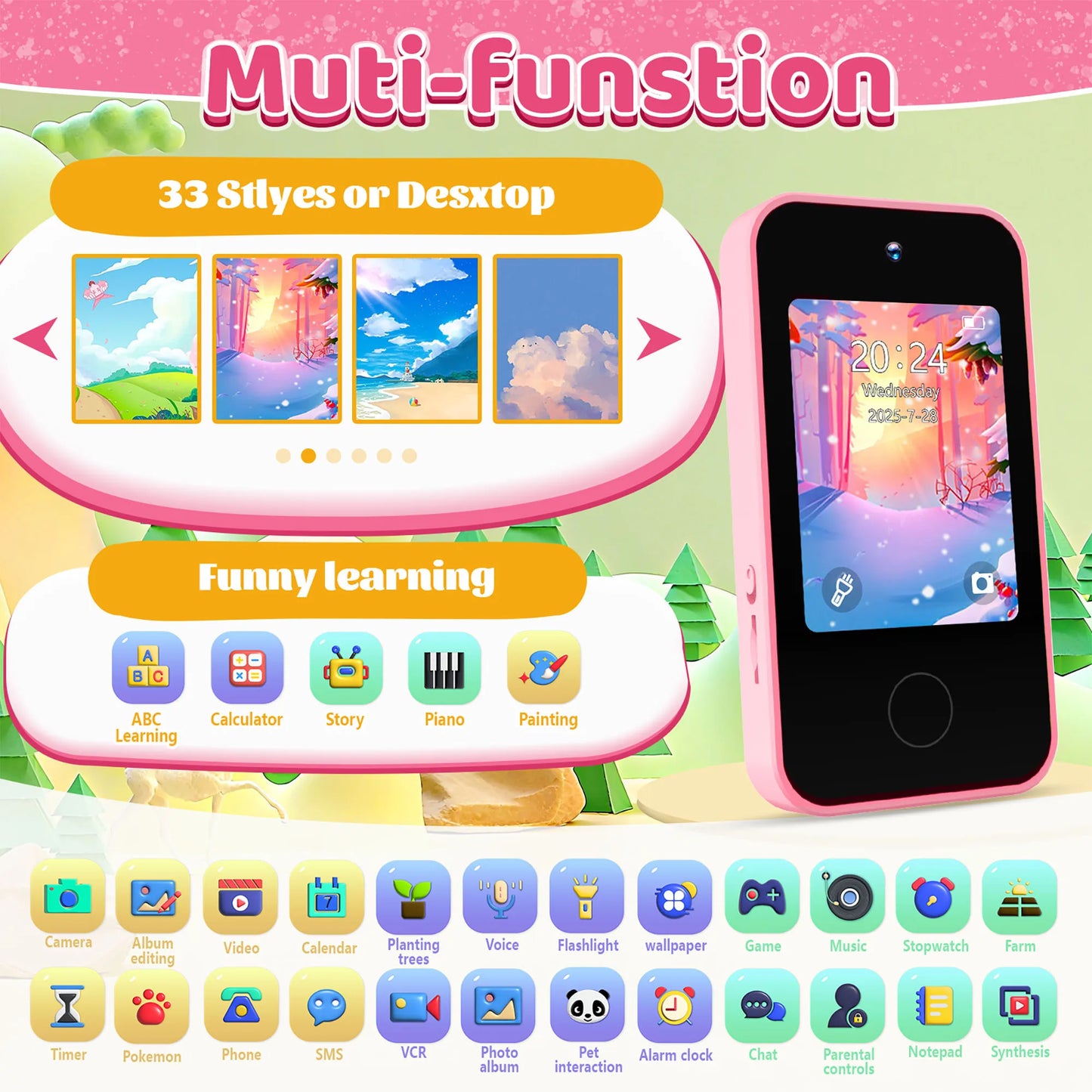 Kawaii Cartoon Kids Smart Toy Phone, Children's Camera, 2.8-Inch Touch Screen, HD Dual Camera, Photo Taking, Photography, Music