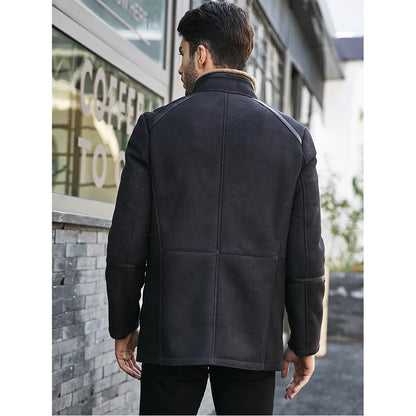 Denny&Dora Men’s Shearling Jacket – Navy Blue Short Sheepskin Coat, Fur-Lined Casual Jacket