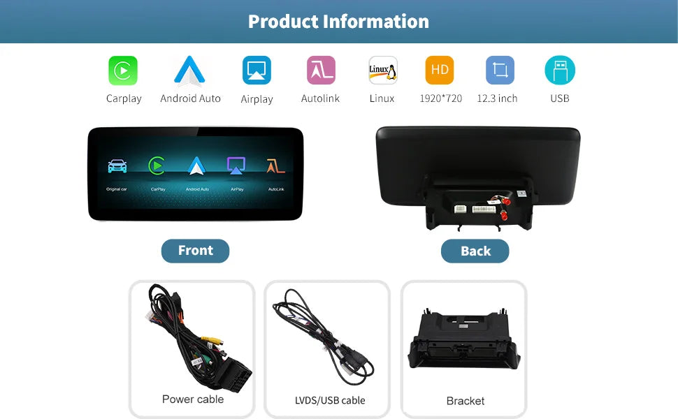 Wireless Carplay/Android Auto 12.3'' Touch screen Multimedia for Mercedes Benz NTG5.0  A B E C GLE W167 W212 W246 W205 W176 C117