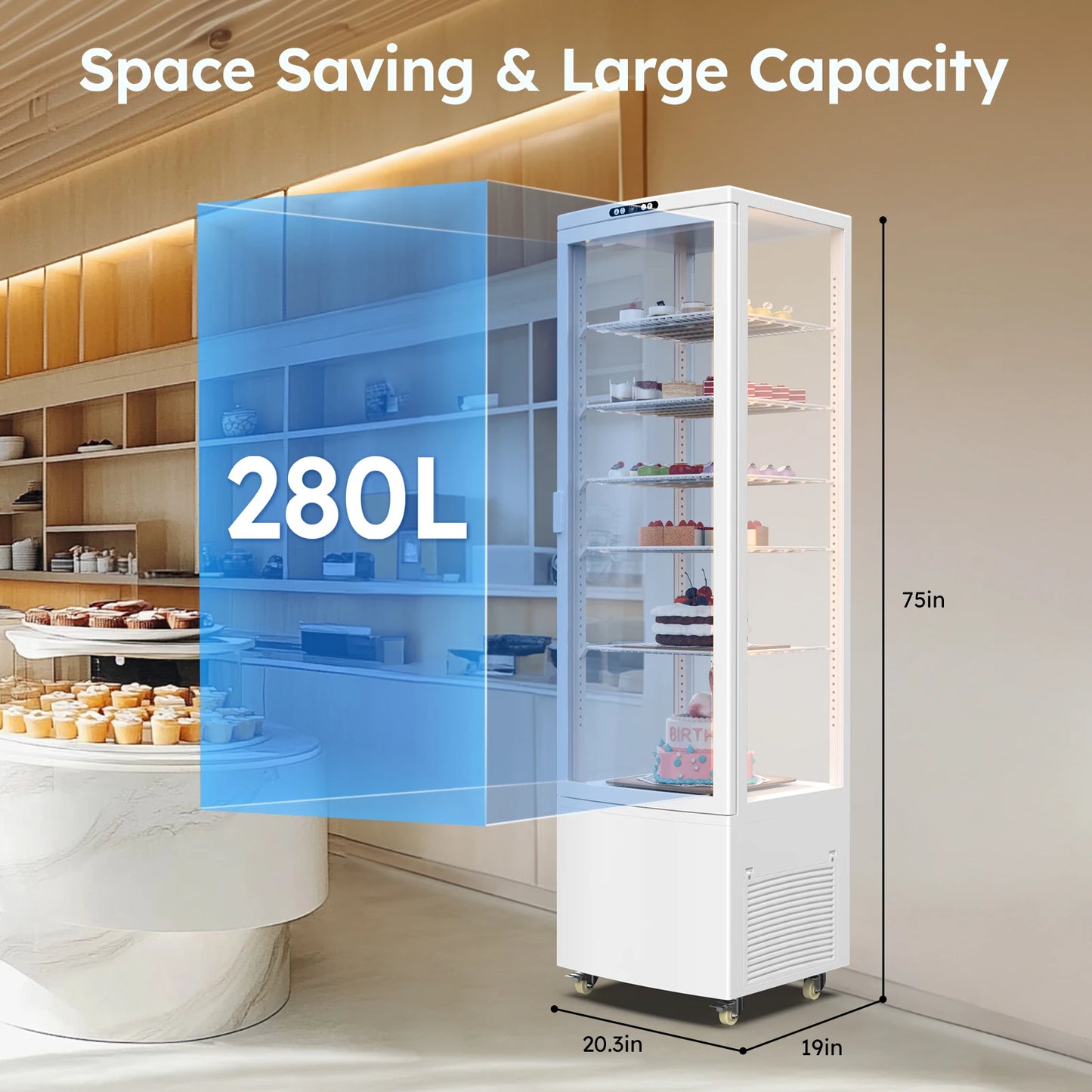 Commercial Refrigerator Display Case, Commercial Cake Refrigerator, Double-Layered Glass Fridge Bakery Cooler Interior LED Light