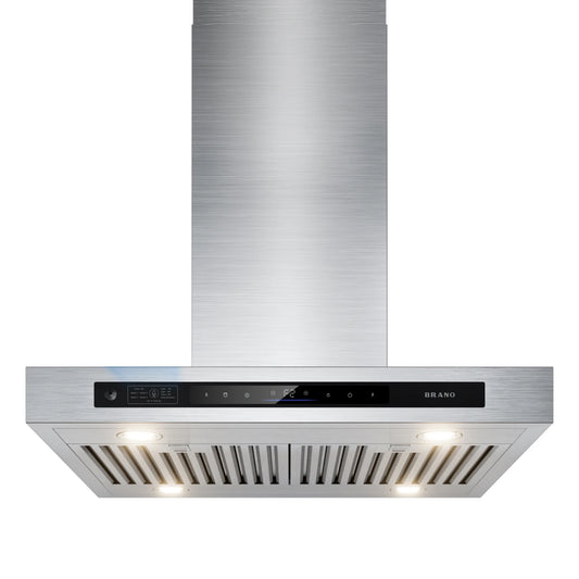 BRANO 30-Inch Island Range Hood Stainless Steel, Ducted/Ductless Option - 900 CFM, Smart Controls, Easy Install