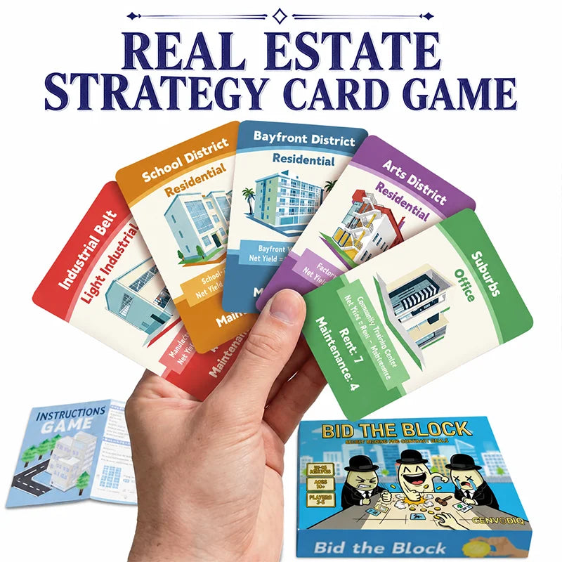 Bid the Block Real Estate Card Game for 2-6 Players, Secret Bidding, Property Cards, Contract Matching, Combo Deals, Ages 14+