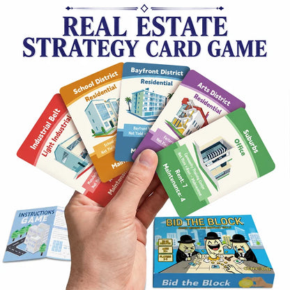 Bid the Block Real Estate Card Game for 2-6 Players, Secret Bidding, Property Cards, Contract Matching, Combo Deals, Ages 14+