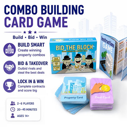 Bid the Block Real Estate Card Game for 2-6 Players, Secret Bidding, Property Cards, Contract Matching, Combo Deals, Ages 14+