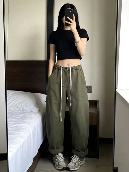 Fashionable versatile pure cotton elastic waist casual wide-leg pants