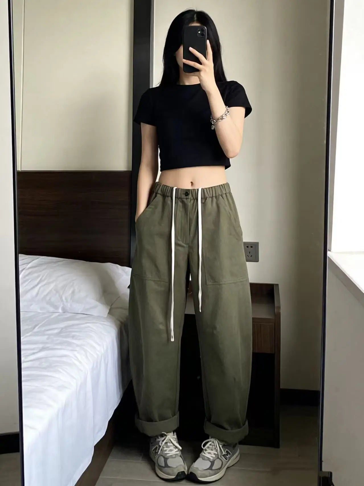 Fashionable versatile pure cotton elastic waist casual wide-leg pants