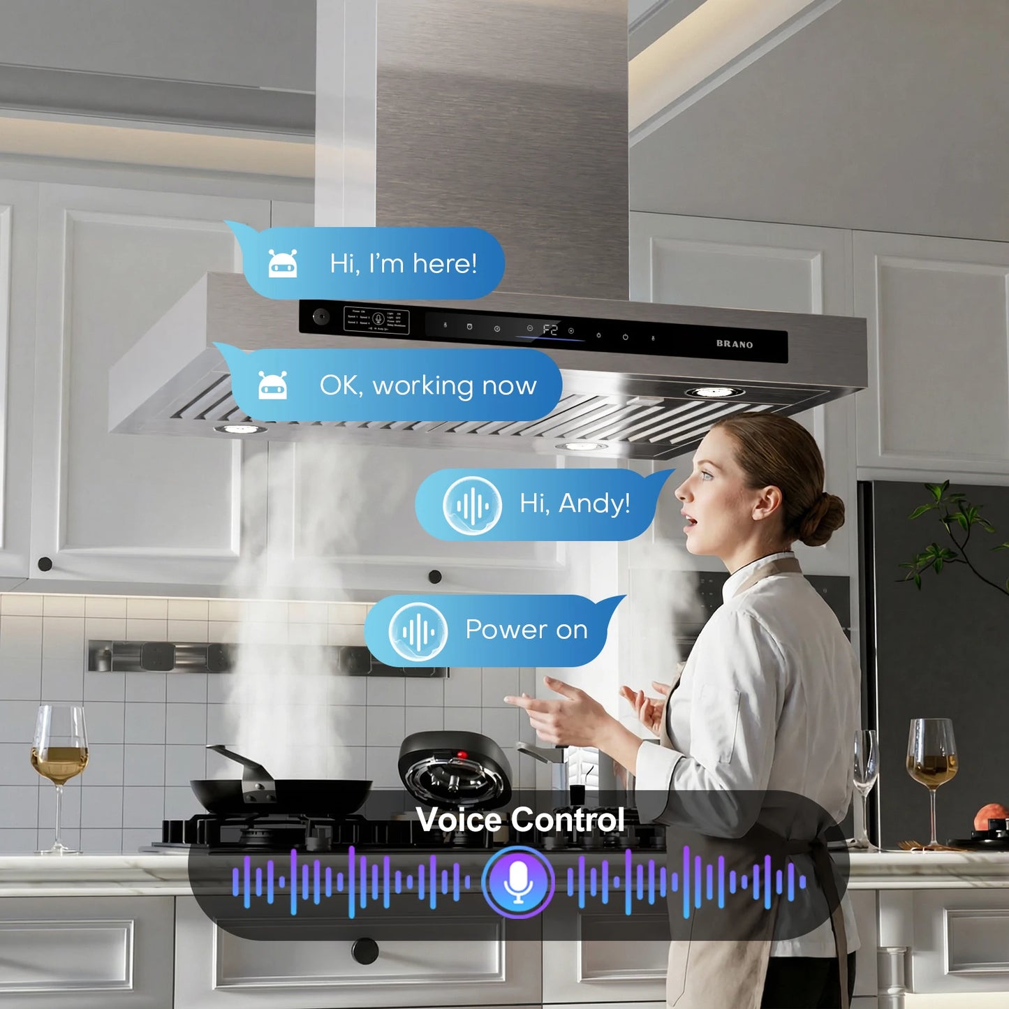 BRANO 30-Inch Island Range Hood Stainless Steel, Ducted/Ductless Option - 900 CFM, Smart Controls, Easy Install
