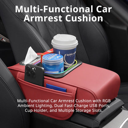 Car Armrest Cushion Center Console Storage Organizers Seat Cover Cup Holder Tissue Box Phone Slot Fast Charger Ambient LED Light