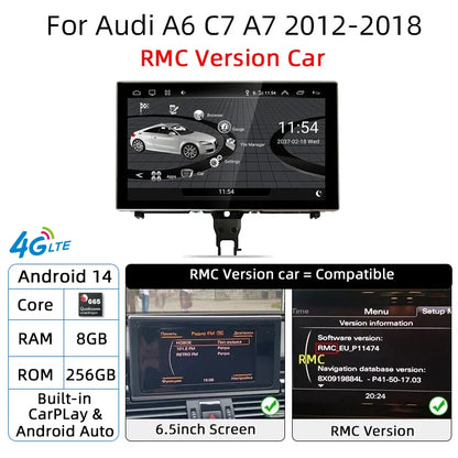 Android 14 Carplay Car Multimedia Player For Audi A6 C7 A7 2012~2018 Touch Screen 4G Music Stereo GPS Navi 8+256GB Auto Radio