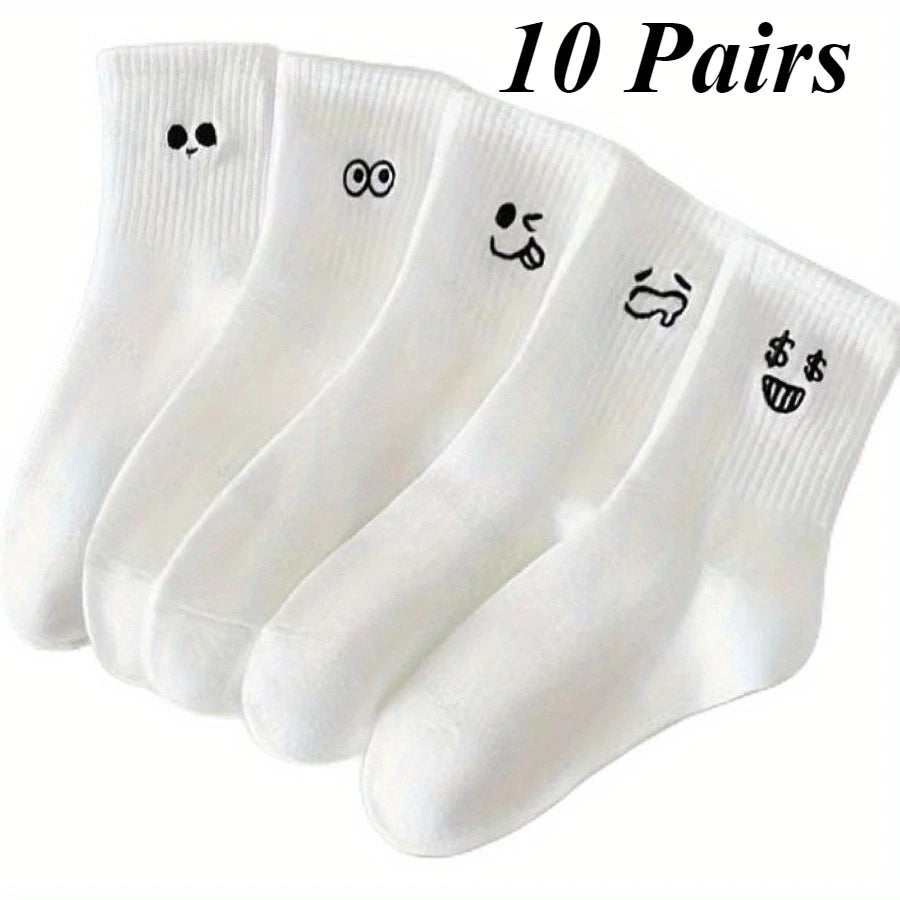 10 pairs of soft, breathable, durable and simple white expression socks, comfortable and suitable for daily wear