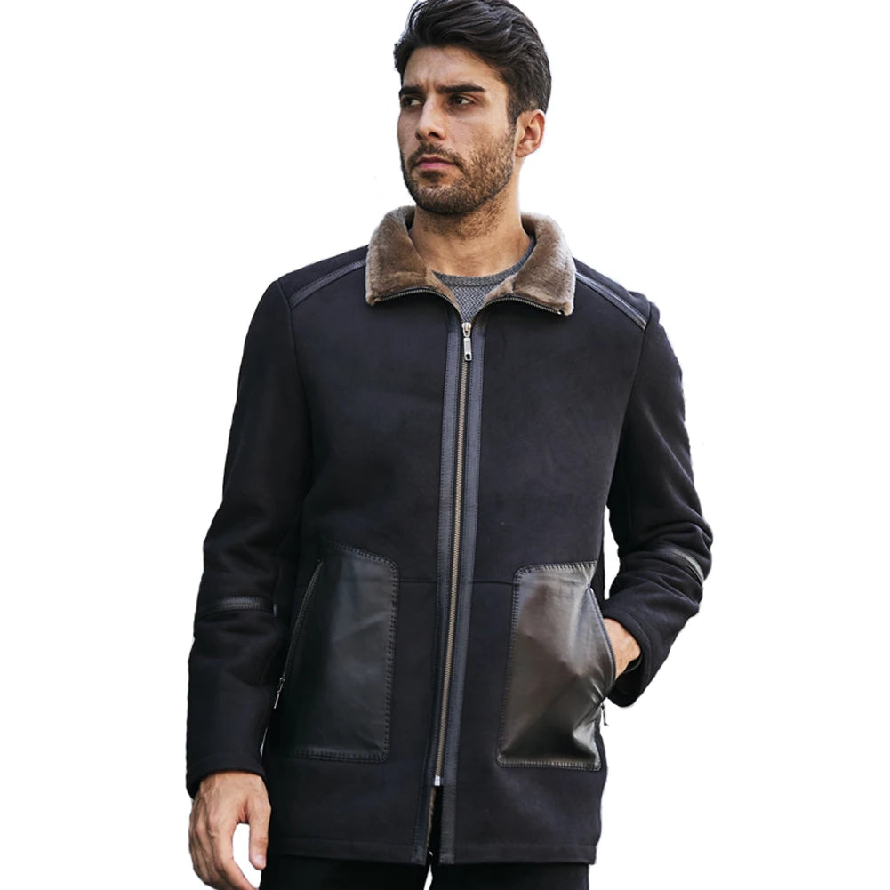 Denny&Dora Men’s Shearling Jacket – Navy Blue Short Sheepskin Coat, Fur-Lined Casual Jacket