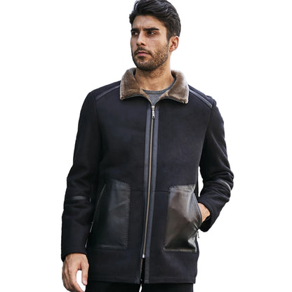 Denny&Dora Men’s Shearling Jacket – Navy Blue Short Sheepskin Coat, Fur-Lined Casual Jacket
