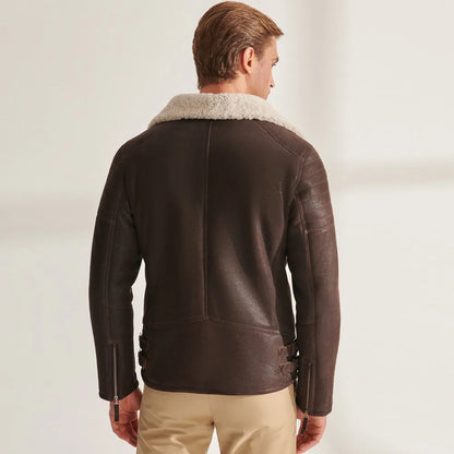 Denny&Dora Men's Aviator Shearling Jacket Brown Leather Warm Coats Men