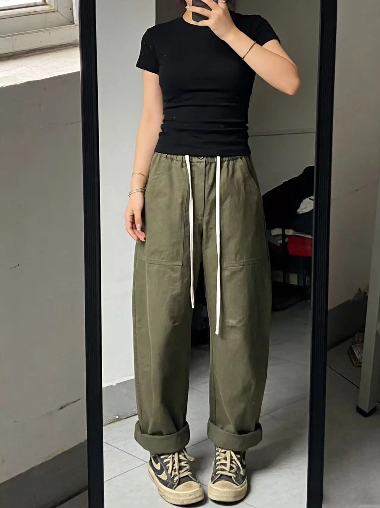 Fashionable versatile pure cotton elastic waist casual wide-leg pants