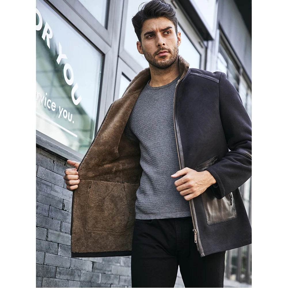 Denny&Dora Men’s Shearling Jacket – Navy Blue Short Sheepskin Coat, Fur-Lined Casual Jacket