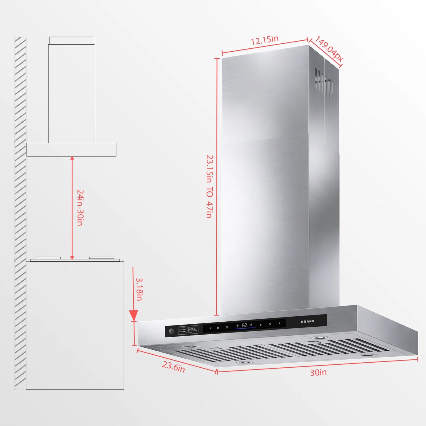 BRANO 30-Inch Island Range Hood Stainless Steel, Ducted/Ductless Option - 900 CFM, Smart Controls, Easy Install