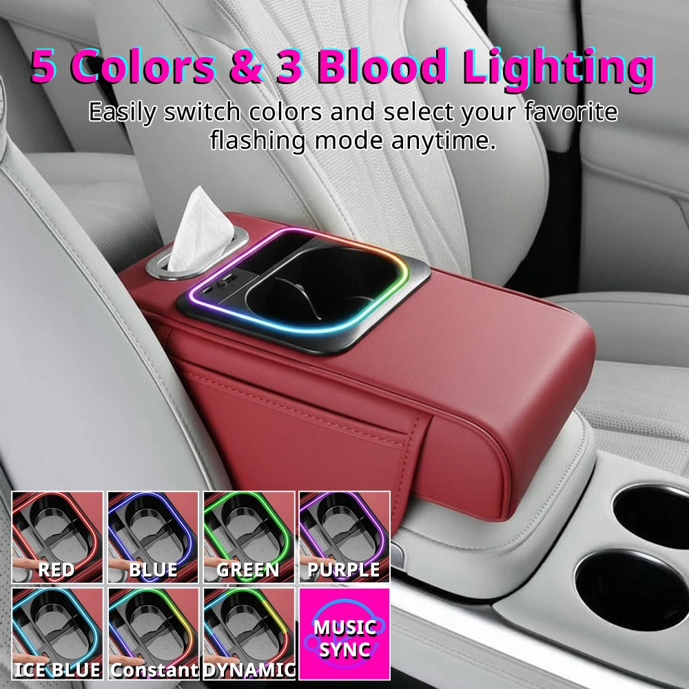Car Armrest Cushion Center Console Storage Organizers Seat Cover Cup Holder Tissue Box Phone Slot Fast Charger Ambient LED Light