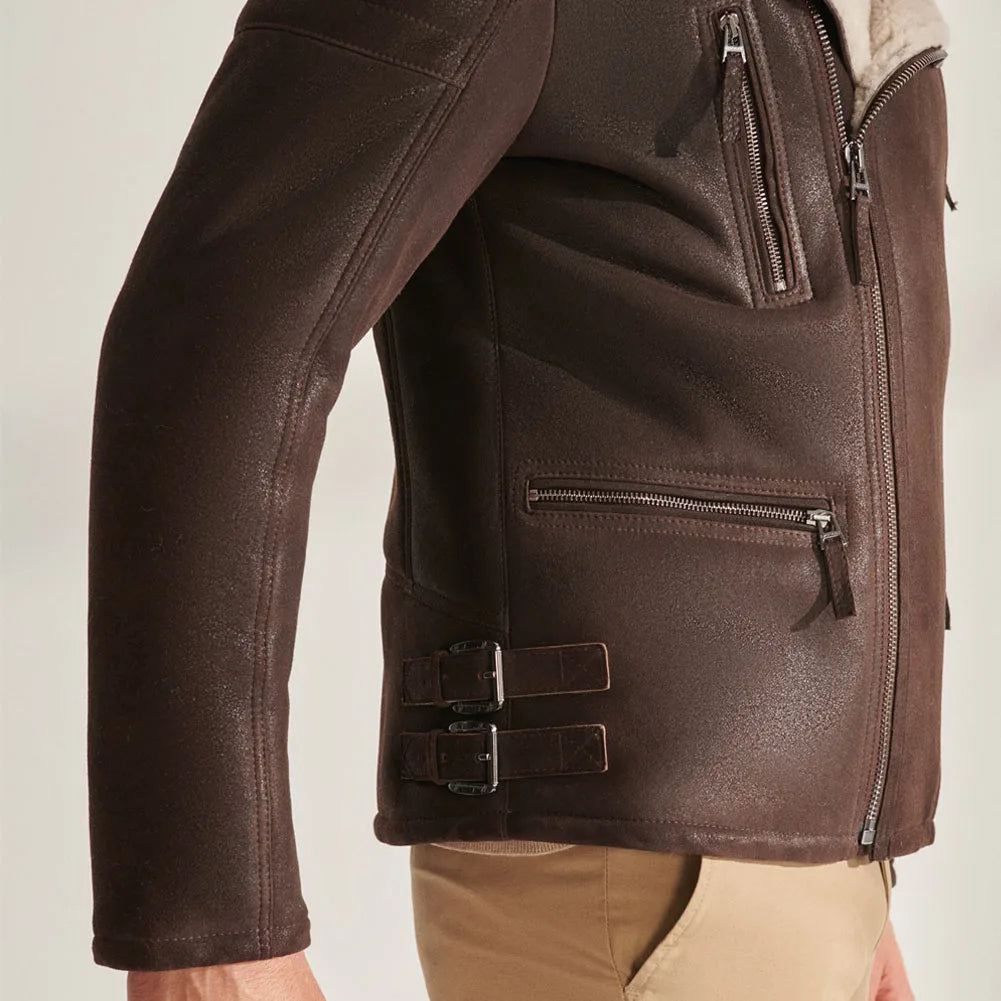 Denny&Dora Men's Aviator Shearling Jacket Brown Leather Warm Coats Men