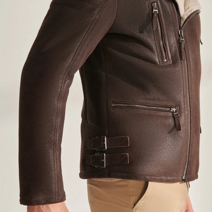 Denny&Dora Men's Aviator Shearling Jacket Brown Leather Warm Coats Men