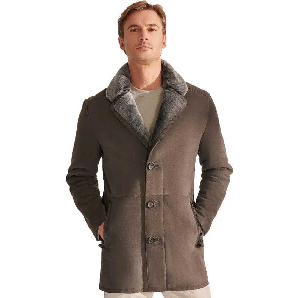 Denny&Dora Men's Mid-Length Shearling Sheepskin Jacket Real Fur Natural Leather Coat for Men
