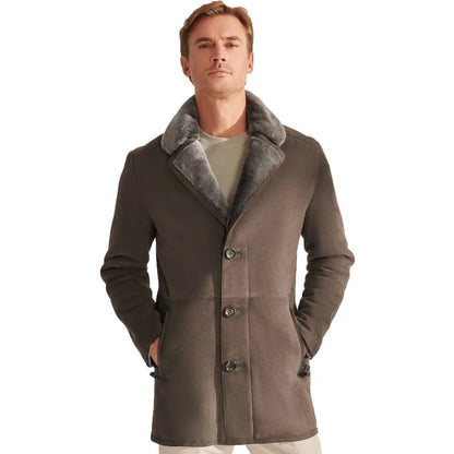 Denny&Dora Men's Mid-Length Shearling Sheepskin Jacket Real Fur Natural Leather Coat for Men
