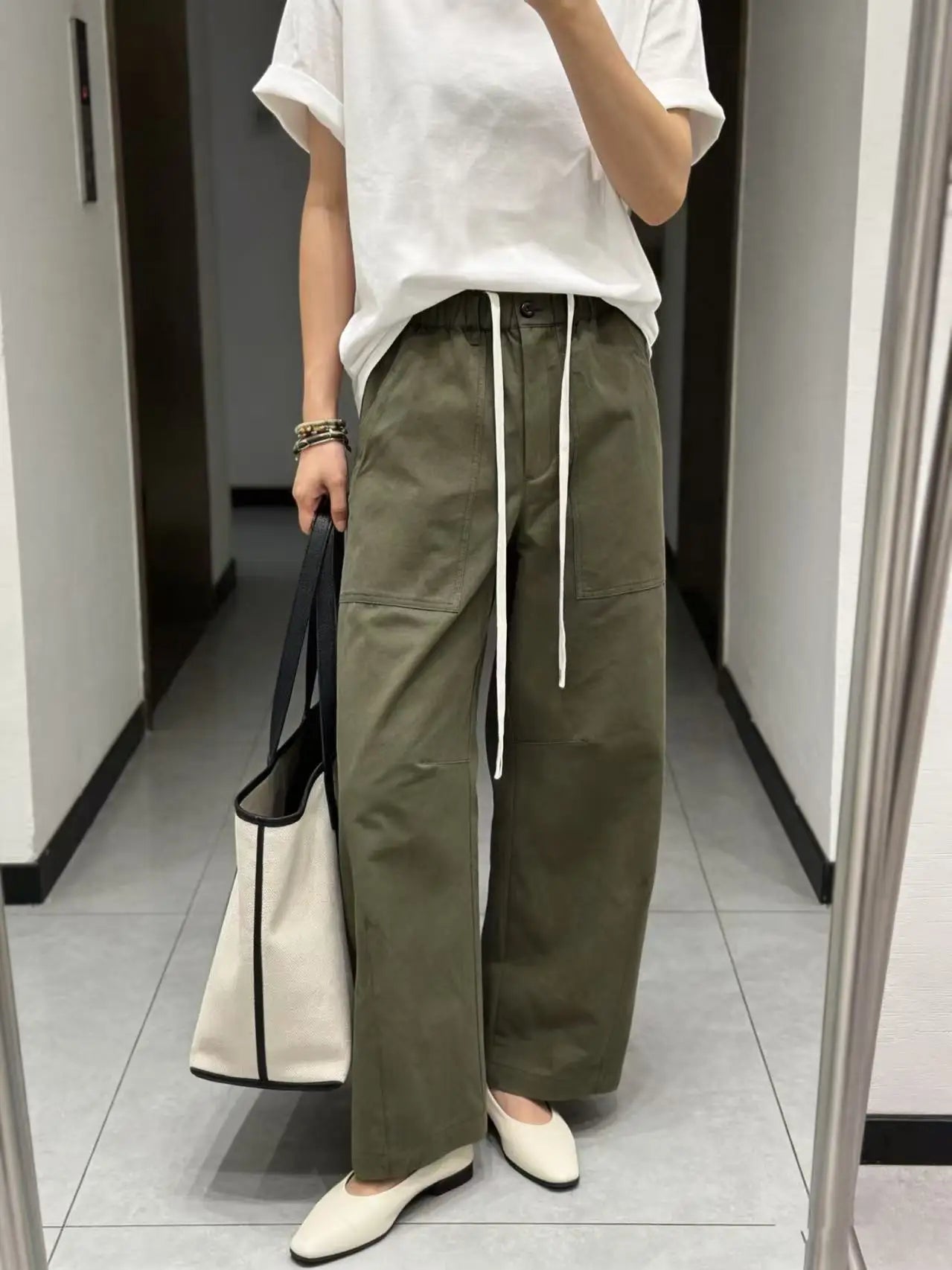Fashionable versatile pure cotton elastic waist casual wide-leg pants