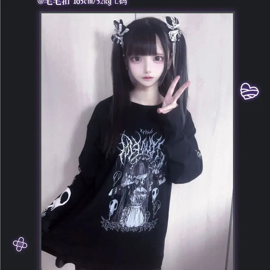 Original Crew Neck Black Y2K Long Sleeve T-Shirt Japanese Subculture Anime Print T Shirt Spring Autumn New Loose Versatile Tops