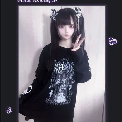 Original Crew Neck Black Y2K Long Sleeve T-Shirt Japanese Subculture Anime Print T Shirt Spring Autumn New Loose Versatile Tops