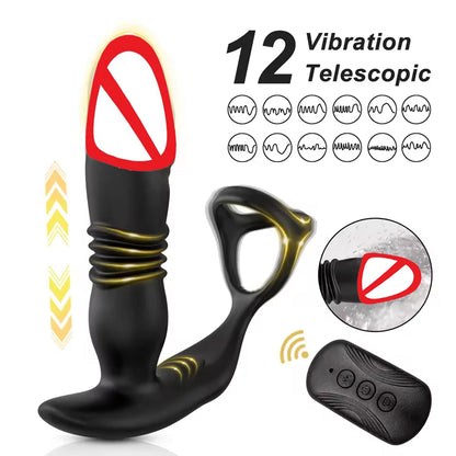 Male Prostate Massager Anal Dildo Telescopic Vibrator Remote Control Vibrating Butt Plug with Penis Cock Ring  Sex Toy for Gay