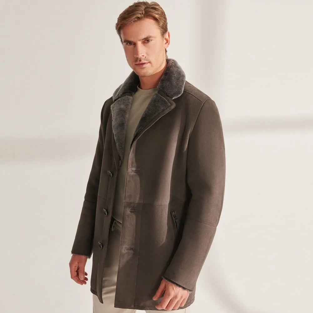 Denny&Dora Men's Mid-Length Shearling Sheepskin Jacket Real Fur Natural Leather Coat for Men