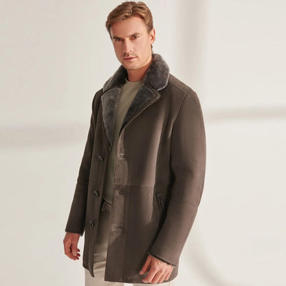 Denny&Dora Men's Mid-Length Shearling Sheepskin Jacket Real Fur Natural Leather Coat for Men