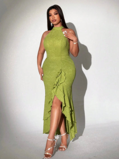 Plus-size knit dress, backless, sleeveless, fitted, stretchy, elegant long dress, suitable as a bridesmaid for weddings, dates o