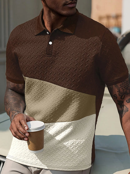 New summer short-sleeved polo shirt for men, casual color-blocked herringbone texture pullover polo shirt, suitable for everyday