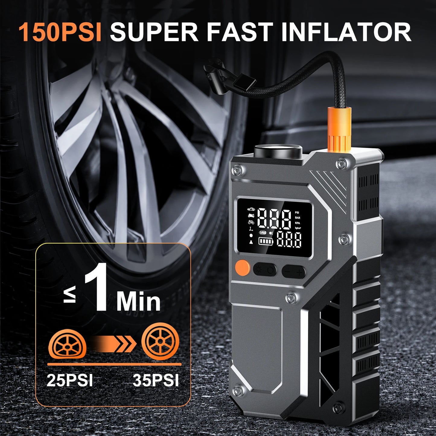 Car Jump Starter with 150PSI Tire Inflator, 6000mAh Battery Booster, Digital Air Compressor, LED Light for Cars SUVs Trucks