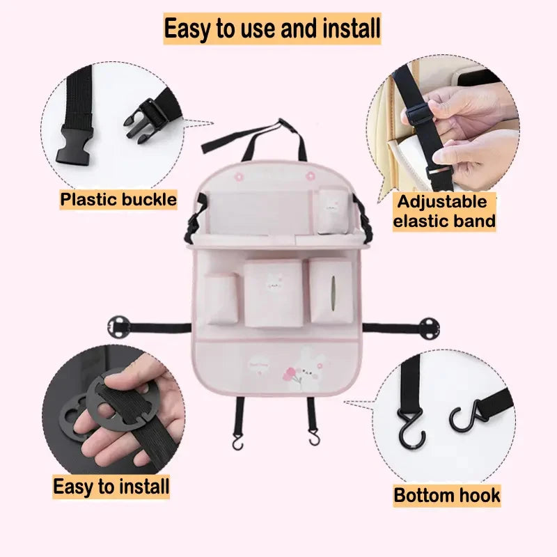 Leather Deluxe Car Seat Back Organizer-Multi-Function Storage, Foldable Dining Table Tray,Anti-Kick Pad,Decorative Car Accessory