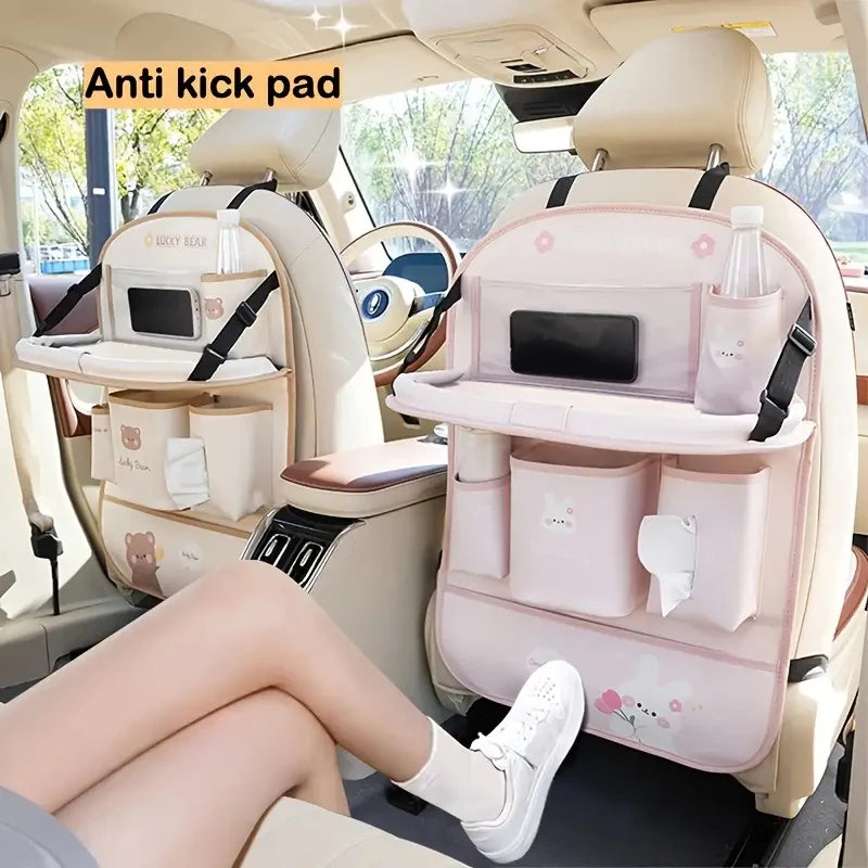 Leather Deluxe Car Seat Back Organizer-Multi-Function Storage, Foldable Dining Table Tray,Anti-Kick Pad,Decorative Car Accessory