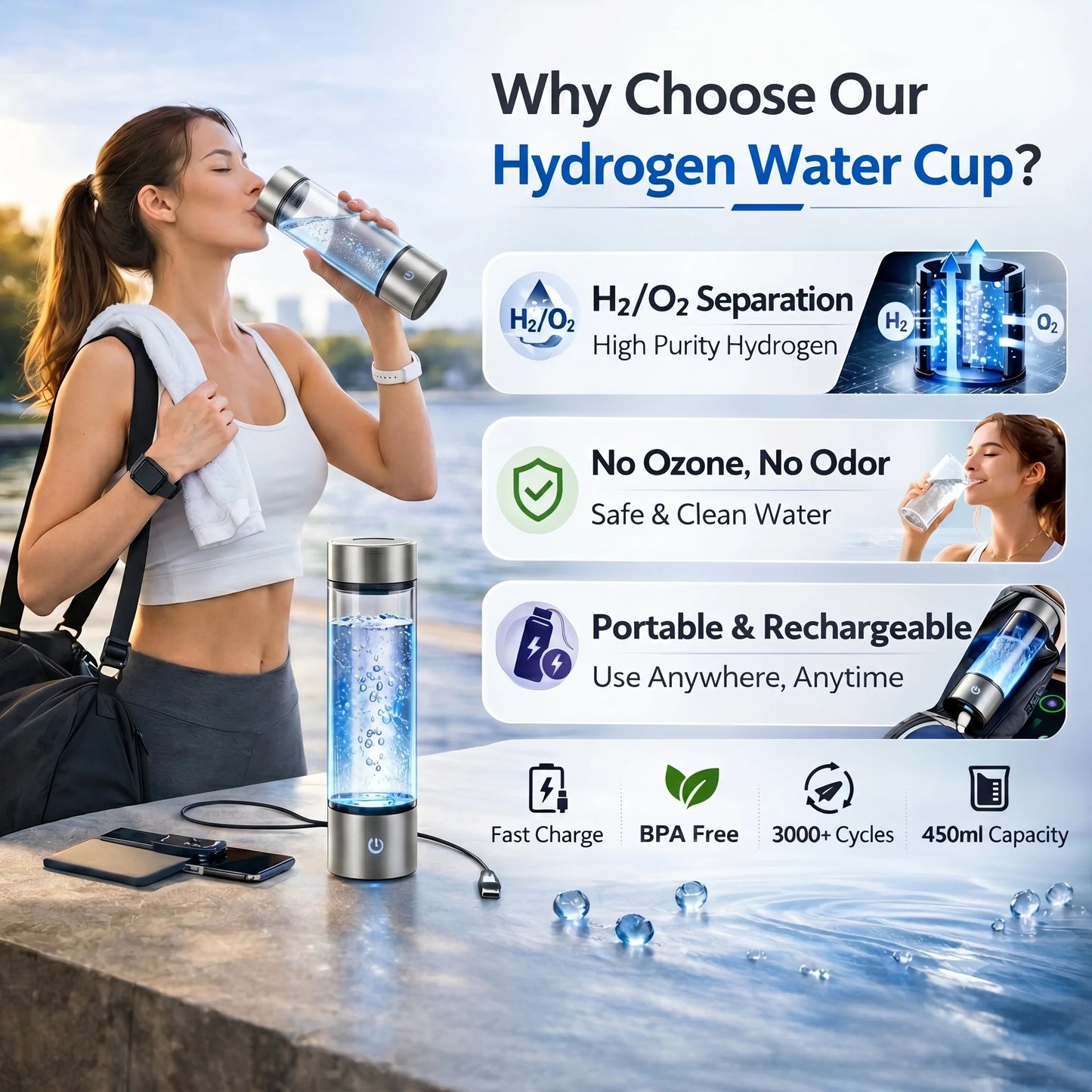 12000PPB SPE PEM Hydrogen Water Generator Bottle Portable Rechargeable Alkaline Ionizer Cup Health Drinkware for Home Travel