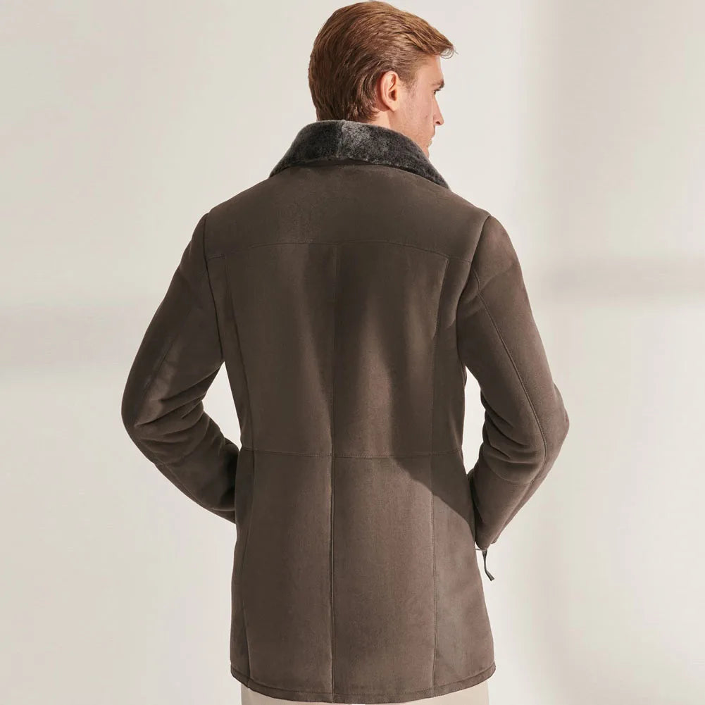 Denny&Dora Men's Mid-Length Shearling Sheepskin Jacket Real Fur Natural Leather Coat for Men