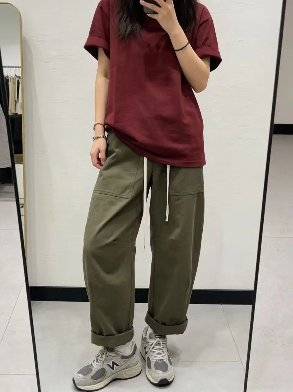 Fashionable versatile pure cotton elastic waist casual wide-leg pants
