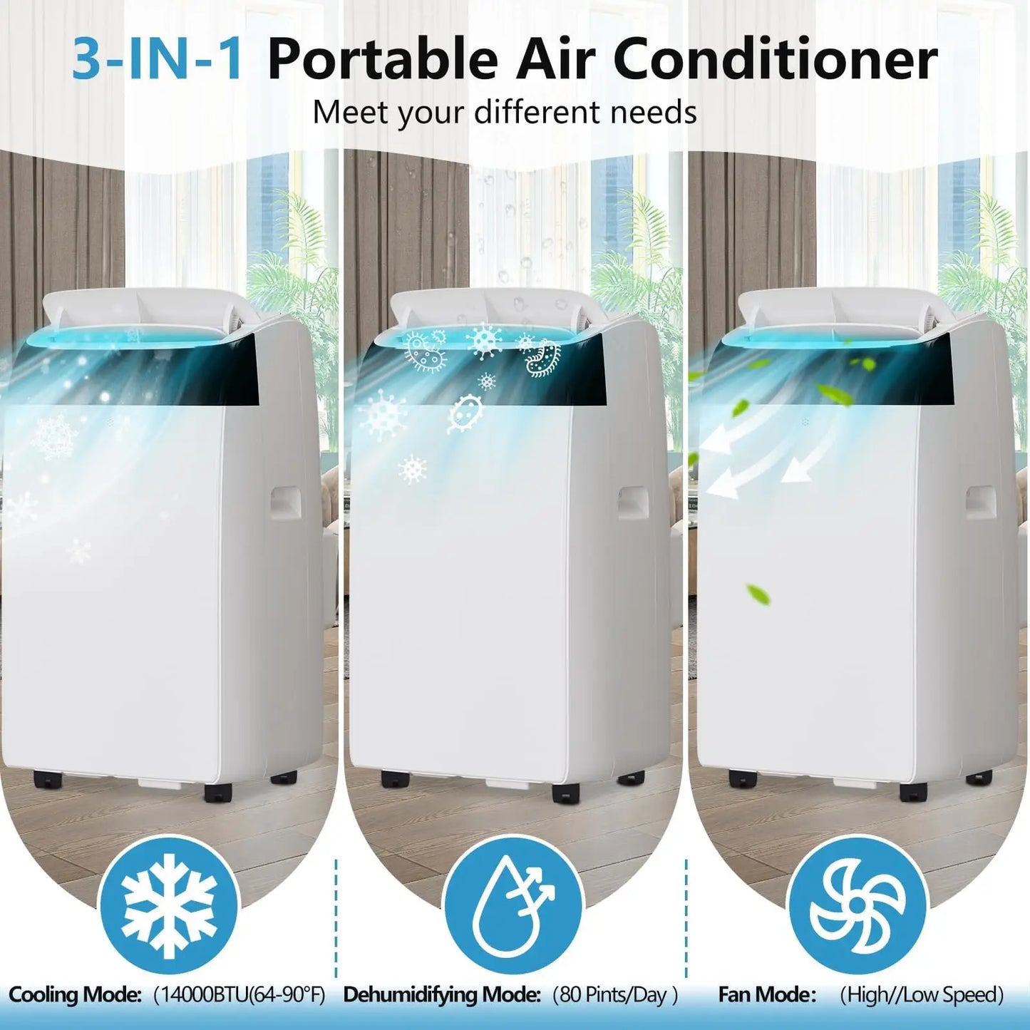 14000 BTU Portable Air Conditioner 3-in-1 AC Unit Cool Dehumidifier Fan Mode for Rooms Up to 750 Sq.ft White Portable AC with LED Display Remote Control 24H Timer Complete Exhaust Hose & Window Kit Included