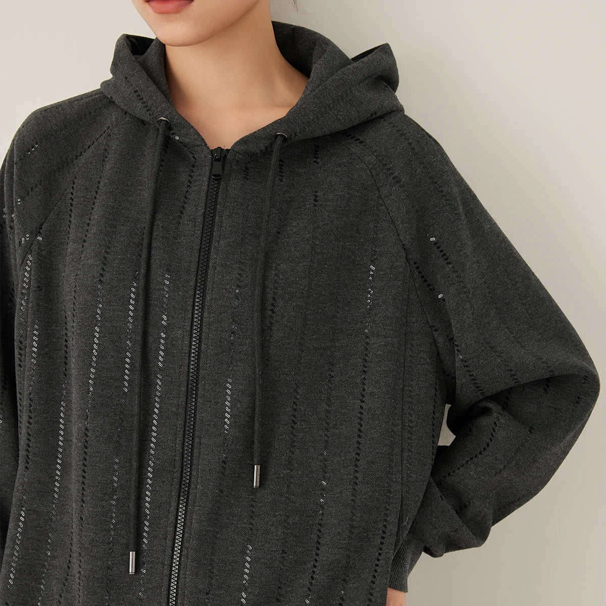 KL9523335 Women's High-End Casual Knit Hoodie Wool Blend Zipper Jacket Elegant Autumn Winter Fashion for Ladies