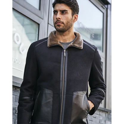 Denny&Dora Men’s Shearling Jacket – Navy Blue Short Sheepskin Coat, Fur-Lined Casual Jacket