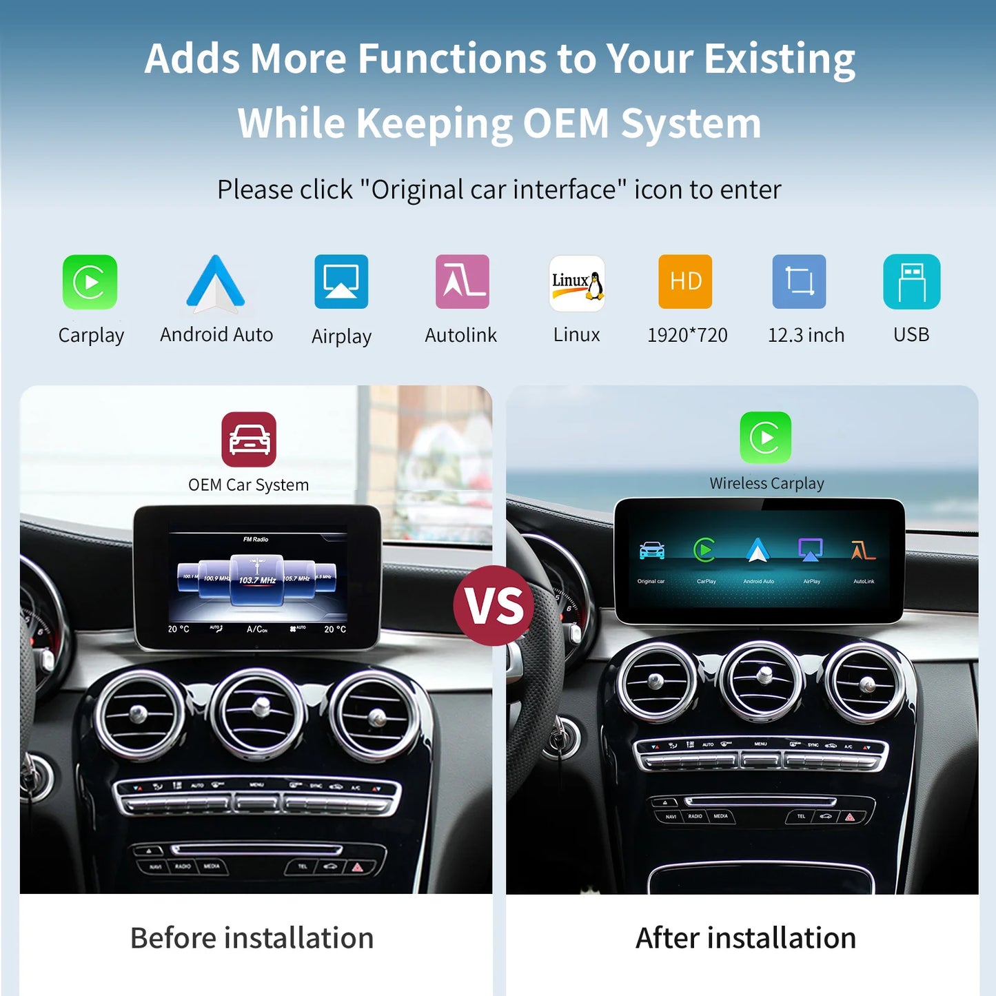 Wireless Carplay/Android Auto 12.3'' Touch screen Multimedia for Mercedes Benz NTG5.0  A B E C GLE W167 W212 W246 W205 W176 C117