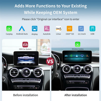 Wireless Carplay/Android Auto 12.3'' Touch screen Multimedia for Mercedes Benz NTG5.0  A B E C GLE W167 W212 W246 W205 W176 C117