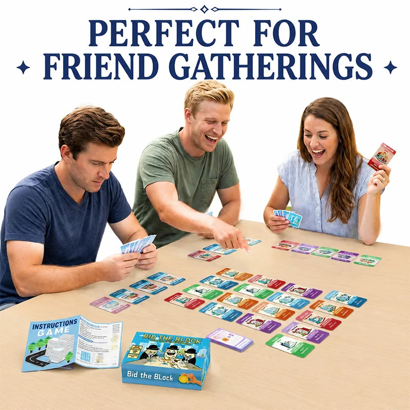 Bid the Block Real Estate Card Game for 2-6 Players, Secret Bidding, Property Cards, Contract Matching, Combo Deals, Ages 14+
