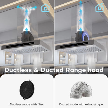 BRANO 36-Inch Island Range Hood with Ducted/Ductless Flex Install - 900 CFM, Smart Voice/Gesture/Touch Control