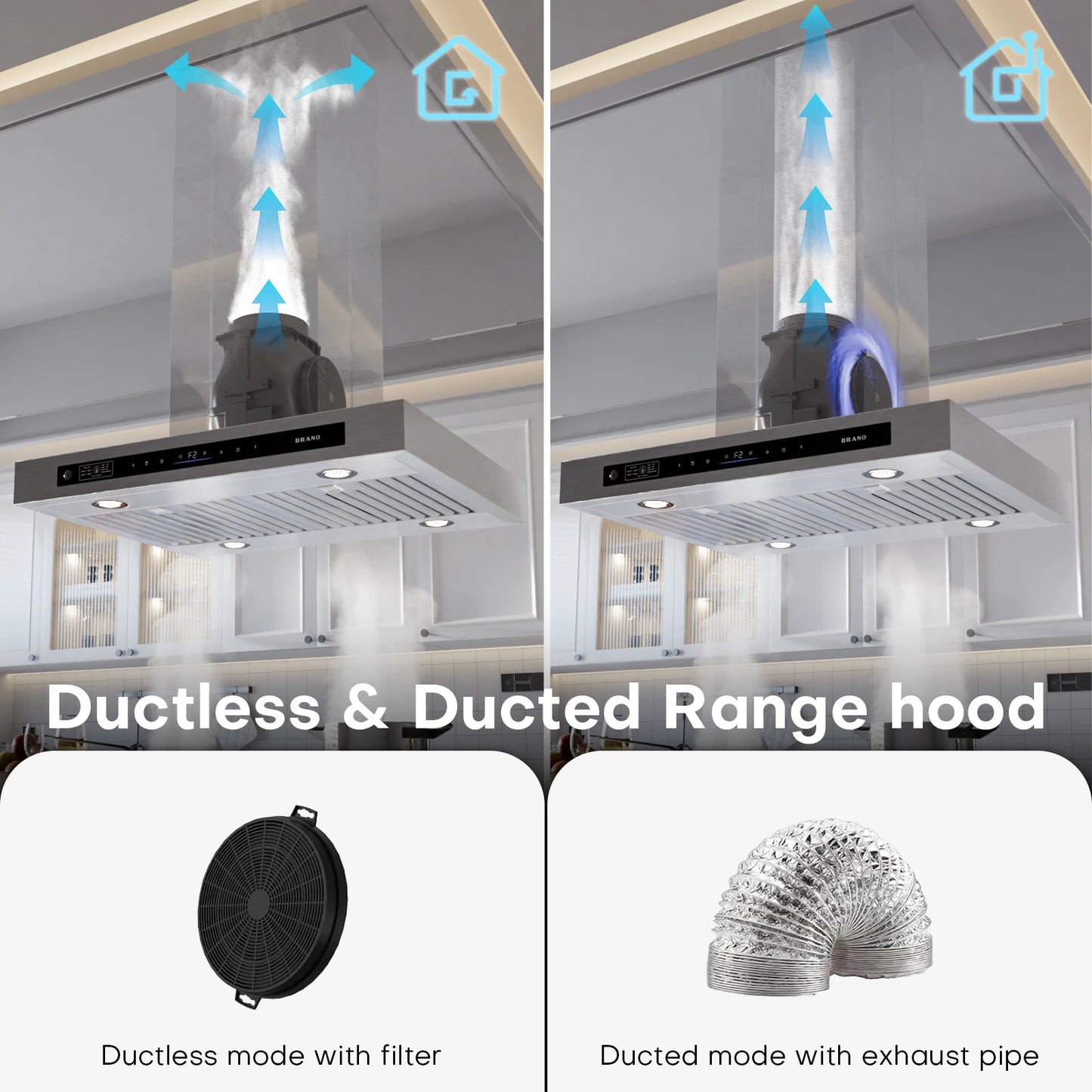 BRANO 30-Inch Island Range Hood Stainless Steel, Ducted/Ductless Option - 900 CFM, Smart Controls, Easy Install