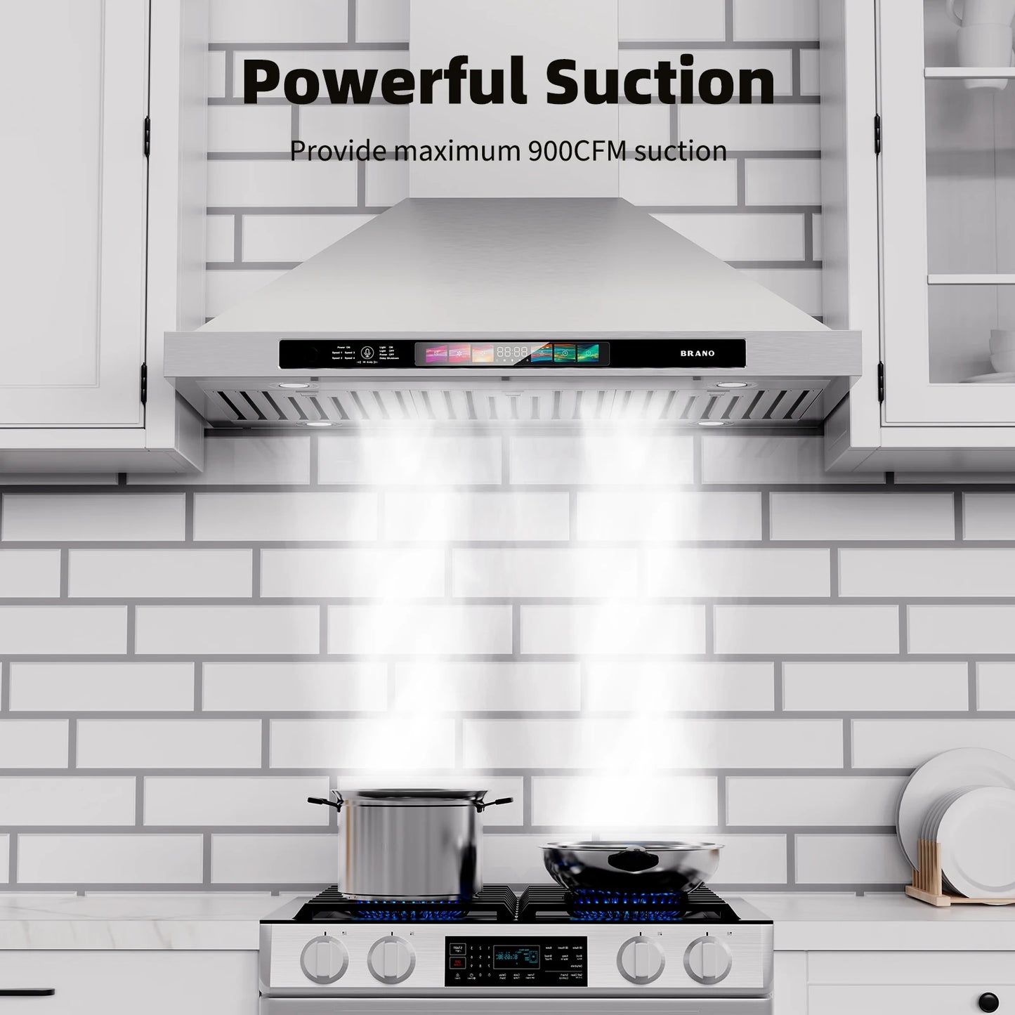 Brano 30 Inch Stainless Steel Wall Mount Range Hood, 900 CFM, Convertible with LED Lights and Charcoal Filter